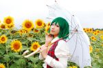  flower flower_field green_hair hand_on_own_face kazami_yuuka lowres nature parasol photo plaid_vest puffy_sleeves red_eyes short_hair solo sunflower touhou umbrella 