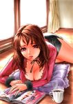  blouse breasts brown_hair choker cleavage long_hair lying magazine miniskirt pillow purple_eyes room skirt violet_eyes 