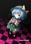  blue_eyes blue_hair checkered_floor dutch_angle from_above hair_ornament hat hat_ribbon heart heart_hands komeiji_koishi red_(artist) ribbon smile solo symbol-shaped_pupils third_eye touhou 