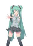  detached_sleeves green_eyes green_hair hands hatsune_miku highres long_hair miniskirt nail_polish necktie outstretched_arm outstretched_hand reaching skirt smile thigh-highs thighhighs twintails very_long_hair violent_panda vocaloid zettai_ryouiki 