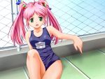  fence game_cg green_eyes hair_bobbles hair_ornament long_hair murakami_kanade name_tag nekonyan one-piece_swimsuit pink_hair pointing raspberry_(game) school_swimsuit swimsuit twintails 