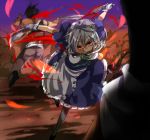  battle blood gloves izayoi_sakuya knife maid mouth_hold red_eyes running shirow_(crazy) touhou triple_wielding weapon 
