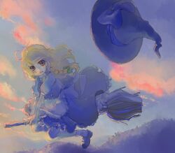  broom broom_riding broomstick flying hat kirin_of_december kirisame_marisa sunset touhou witch_hat 