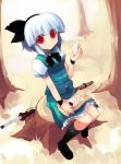 1girl eating food food_on_face forest from_above konpaku_youmu mary_janes nature onigiri red_eyes shin_(new) shoes solo touhou tree_stump wristband 