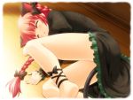  ankle_lace-up barefoot bow braid cat_ears closed_eyes cross-laced_footwear dress feet floor hair_bow hair_ribbon hair_ribbons kaenbyou_rin lying on_side red_hair redhead ribbon ribbons sleeping solo tail thighs touhou twin_braids twintails wooden_floor yamasan 