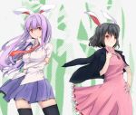  adult animal_ears brown_hair bunny_ears dress frills inaba_tewi lavender_hair long_hair multiple_girls necktie rabbit_ears red_eyes reisen_udongein_inaba ruffles school_uniform shiina_maru shiina_maru_(pixiv) short_hair skirt thigh-highs thighhighs touhou wind 