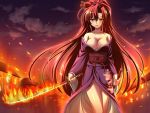  breasts cleavage engage_links fire game_cg holding japanese_clothes katana kimono long_hair no_bra off_shoulder ponytail red_eyes red_hair redhead smile solo source_request sword weapon 