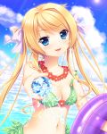  1girl 33paradox bikini blonde_hair blue_eyes bow breasts cleavage clouds collarbone day green_bikini hair_ribbon highres lei long_hair looking_at_viewer medium_breasts navel ocean open_mouth outdoors purple_ribbon ribbon see-through smile solo swimsuit twintails water 