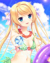  1girl 33paradox bikini blonde_hair blue_eyes bow breasts cleavage clouds collarbone day green_bikini hair_ribbon highres lei long_hair looking_at_viewer medium_breasts navel ocean open_mouth outdoors purple_ribbon ribbon see-through smile solo swimsuit twintails water 