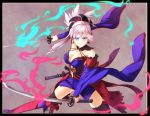  absurdres blue_eyes breasts cleavage dual_wielding fate/grand_order fate_(series) highres japanese_clothes katana linon looking_at_viewer miyamoto_musashi_(fate/grand_order) one_girl serious solo sword thigh-highs weapon wide_sleeves 