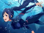  1girl :d air_bubble ass blue_hair bodysuit breasts bubble diving_suit duu_(derhnky9f4) floating_hair long_hair love_live! love_live!_sunshine!! matsuura_kanan musical_note open_mouth ponytail smile solo swimming underwater violet_eyes water 