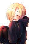  1girl black_boots black_legwear blonde_hair blush boots closed_eyes ear_piercing earrings hair_over_one_eye hood hoodie idolmaster idolmaster_cinderella_girls jewelry open_mouth pantyhose piercing ruku_(ruku_5050) shirasaka_koume short_hair simple_background sitting sleeves_past_wrists smile solo white_background 