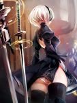  1girl ass back_cutout blindfold boots from_behind gloves hairband highres katana nier_(series) nier_automata panties silver_hair solo sword taishi_(picchiridou) thigh-highs thigh_boots underwear weapon white_panties yorha_no._2_type_b 