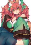  &gt;:t 1girl :t alternate_color animal_ears blue_legwear bow breasts fate/extra fate/grand_order fate_(series) fox_ears fox_tail hair_bow japanese_clothes large_breasts long_hair messy_hair osiimi oversized_clothes pink_hair pout solo tail tamamo_(fate)_(all) tamamo_no_mae_(fate) very_long_hair yellow_eyes 