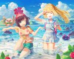  2girls aqua_shorts bag bangs bare_arms bare_legs beanie black_hair blonde_hair blue_eyes blue_ribbon blunt_bangs blurry bra bracelet braid closed_eyes clouds collared_dress day depth_of_field dress duffel_bag female_protagonist_(pokemon_sm) floral_print french_braid green_eyes hat high_ponytail jewelry knee_up kneeling lillie_(pokemon) long_hair looking_at_another multiple_girls nagakura_(seven_walkers) one_eye_closed open_mouth outdoors panties partially_submerged poke_ball_theme pokemon pokemon_(creature) pokemon_(game) pokemon_sm pyukumuku red_hat ribbon rock rowlet shirt short_hair short_sleeves shorts sitting sundress swept_bangs t-shirt tied_shirt water wet wet_clothes white_dress 