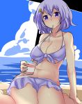  1girl barefoot beach bikini blue_eyes blue_hair blue_sky blush breasts cleavage clouds day erect_nipples food hair_ornament highres hitotsuki_nebura ice_cream letty_whiterock looking_at_viewer midriff mouth_hold navel no_hat no_headwear ocean panties short_hair sitting sky solo spoon sweat swimsuit touhou underwear water 