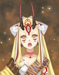  1girl artist_request blonde_hair earrings facial_mark fangs fate/grand_order fate_(series) highres horns ibaraki_douji_(fate/grand_order) japanese_clothes jewelry kimono long_hair oni oni_horns solo tattoo yellow_eyes 