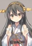 1girl bare_shoulders black_hair brown_background brown_eyes detached_sleeves hair_ornament hairclip haruna_(kantai_collection) headgear highres kantai_collection long_hair looking_at_viewer nanashina nontraditional_miko simple_background smile solo upper_body 