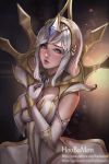  1girl artist_name blue_eyes breasts cleavage elbow_gloves freckles gem gloves gold gumroad_username hands_on_own_chest highres hoo_bamon league_of_legends lips long_hair looking_at_viewer luxanna_crownguard medium_breasts mole mole_under_eye nose patreon_username silver_hair solo watermark web_address white_gloves 