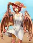 1girl beach blue_sky dragon_girl dragon_wings dress fang female flower hat hat_flower hibiscus hitokuirou looking_at_viewer original red_eyes redhead sky solo standing straw_hat tail white_dress wings