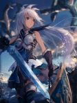  1girl armor blue_sky blurry boots breastplate brown_eyes clouds cloudy_sky dark_skin depth_of_field fantasy feathered_wings floating_hair frown granblue_fantasy highres holding holding_shield holding_sword holding_weapon looking_to_the_side outdoors rean_(r_ean) shield sky sleeveless solo sword the_order_grande thigh-highs thigh_boots weapon white_hair white_legwear wings 