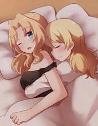  2girls blonde_hair blue_eyes blush breasts darjeeling girls_und_panzer highres hug hug_from_behind kapatarou kay_(girls_und_panzer) looking_at_viewer medium_breasts multiple_girls off_shoulder one_eye_closed raised_eyebrows sideboob strap_slip tank_top under_covers yuri 