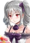  1girl bare_shoulders blurry bouquet breasts choker cleavage depth_of_field drill_hair eri_(resia) flower idolmaster idolmaster_cinderella_girls kanzaki_ranko long_hair red_eyes silver_hair sketch solo twin_drills twintails white_background 