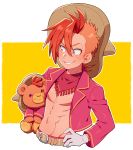  1boy abs bandanna belt bright_pupils cropped_jacket disney ear_piercing gloves hand_on_hip jacket kiri_futoshi male_focus multicolored_hair nipples orange_hair panchito_pistoles personification piercing red_eyes shirtless signature simple_background smile stuffed_animal stuffed_toy teddy_bear the_three_caballeros two-tone_hair white_gloves yellow_background 