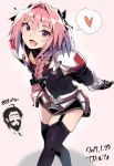  2017 2boys :d androgynous character_name dated edward_teach_(fate/grand_order) fang fate/apocrypha fate/grand_order fate_(series) garter_straps heart kamaboko_(ossann0125) long_hair looking_at_viewer multiple_boys open_mouth pink_hair rider_of_black skindentation smile spoken_heart thighs trap violet_eyes 