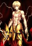  1boy abs armor blonde_hair chains ea_(fate/stay_night) earrings fate/stay_night fate_(series) faulds gilgamesh glowing glowing_weapon gold_armor highres jewelry looking_at_viewer male_focus navel red_eyes shiguru smirk solo tattoo toned toned_male topless weapon 
