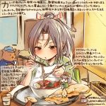  2girls apron brown_eyes brown_hair chopsticks commentary_request cup fairy_(kantai_collection) food hachimaki hamster headband japanese_clothes kantai_collection kirisawa_juuzou light_brown_hair multiple_girls noodles ponytail ramen spoon sweat traditional_media translation_request twitter_username zuihou_(kantai_collection) 