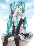  1girl breasts clouds detached_sleeves eyelashes green_hair green_nails gyorui_(toura_minato) hair_ornament hatsune_miku long_hair multicolored multicolored_eyes nail_polish necktie open_mouth pleated_skirt sitting sketch skirt sky smile solo teeth thigh-highs twintails very_long_hair vocaloid 