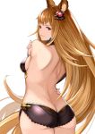  1girl animal_ears back breasts brown_hair butt_crack character_request collar granblue_fantasy it_apollo long_hair looking_at_viewer looking_back metella_(granblue_fantasy) mole naughty_face shorts sideboob smile solo standing very_long_hair violet_eyes 