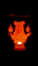  1girl bad_apple!! bow candle fire food fujiwara_no_mokou hair_ribbon littlecloudie long_hair pumpkin ribbon silhouette solo tagme touhou unconventional_media 