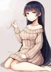  &gt;:) 1girl agano_(kantai_collection) bangs bare_shoulders black_hair blush breasts cleavage collarbone dress eyebrows_visible_through_hair green_eyes grey_background holding jitome kantai_collection large_breasts long_hair mimikaki off_shoulder patting_lap plan_(planhaplalan) ribbed_sweater shadow sitting smug solo sweater sweater_dress wariza 