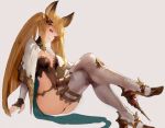  1girl animal_ears breasts brown_eyes brown_hair erun_(granblue_fantasy) gloves granblue_fantasy hair_ornament high_heels long_hair looking_at_viewer metella_(granblue_fantasy) mole mole_under_mouth nail_polish sitting smile solo thigh-highs twintails white_gloves white_legwear 