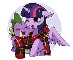  animal animal_focus blush choco_hosikawa closed_eyes commentary dragon fangs happy hooves long_hair multicolored_hair my_little_pony my_little_pony:_friendship_is_magic no_humans one_eye_closed open_mouth plaid_clothes plaid_scarf pony_(animal) purple_hair red_scarf scarf shared_clothes shared_scarf simple_background smile spike_(my_little_pony) streaked_hair twilight_sparkle violet_eyes white_background winged_unicorn wings 
