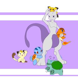  1boy :3 afterimage anger_vein animal_feet annoyed arm_up armpits artist_name black_eyes blue_eyes blush blush_stickers bulbasaur cat charmander claws closed_mouth coin collarbone colored_skin commentary_request facing_away fang flame-tipped_tail flat_color furry furry_male grey_skin grin happy highres holding holding_pokemon hugging_own_legs kurimaro light_blush looking_at_another looking_at_viewer looking_up meowth mewtwo multicolored_skin nose_blush object_on_head on_head open_mouth partial_commentary pichu pokemon pokemon:_the_first_movie_-_mewtwo_strikes_back pokemon_(anime) pokemon_(classic_anime) pokemon_(creature) pokemon_on_head profile puff_of_air purple_background purple_skin red_eyes sad signature simple_background smile squirtle tail tapping_foot tears teeth twitter_username two-tone_skin violet_eyes wavy_eyes 