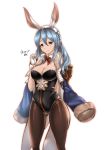  1girl animal_ears black_legwear blue_eyes blue_hair blush braid breasts bunny_girl bunnysuit cleavage coat detached_collar fake_animal_ears gloves granblue_fantasy highres jacket_on_shoulders kuga_zankurou large_breasts leotard long_hair looking_at_viewer pantyhose rabbit_ears solo therese_(granblue_fantasy) twitter_username white_gloves 