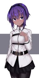  1girl assassin_(fate/prototype_fragments) black_legwear black_skirt blush breasts cosplay cowboy_shot dark_skin fate/grand_order fate/prototype fate/prototype:_fragments_of_blue_and_silver fate_(series) fujimaru_ritsuka_(female) fujimaru_ritsuka_(female)_(cosplay) hairband hand_on_own_chest looking_at_viewer medium_breasts monobe_tsukuri pantyhose pleated_skirt purple_hair shirt short_hair skirt solo violet_eyes white_shirt 