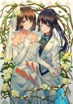  2girls bare_shoulders black_hair bow bowtie bridal_veil bride brown_eyes brown_hair couple cowboy_shot dress elbow_gloves floral_background flower flower_ornament formal gloves hair_flower hair_ornament hand_on_own_chest hands_together hibike!_euphonium kousaka_reina long_hair long_ponytail medium_hair multiple_girls one_eye_closed oumae_kumiko pant_suit ponytail rose smile standing suit tied_hair tuxedo veil violet_eyes wedding_dress white_gloves white_rose yuri zicai_tang 