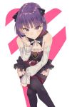  1girl asyde bare_shoulders black_legwear blush detached_sleeves fate/grand_order fate_(series) flat_chest helena_blavatsky_(fate/grand_order) highres legs_crossed looking_at_viewer purple_hair short_hair solo strapless thigh-highs tree_of_life violet_eyes 