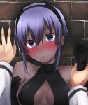  1girl assassin_(fate/prototype_fragments) blush breasts dark_skin fate/grand_order fate/prototype fate/prototype:_fragments_of_blue_and_silver fate_(series) fujimaru_ritsuka_(male) looking_at_viewer open_mouth purple_hair short_hair sk02 violet_eyes 