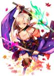  1girl arm_up astarone black_legwear blue_eyes breasts cleavage colorful dual_wielding fate/grand_order fate_(series) holding holding_sword holding_weapon japanese_clothes katana kimono looking_at_viewer miyamoto_musashi_(fate/grand_order) multicolored multicolored_clothes multicolored_kimono purple_hair solo sword thigh-highs weapon 