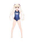  1girl artist_request barefoot blonde_hair blue_swimsuit clothes_writing copyright_request feet full_body hands_on_hips highres long_hair looking_at_viewer name_tag one-piece_swimsuit open_mouth school_swimsuit solo swimsuit transparent_background twintails wide_stance 