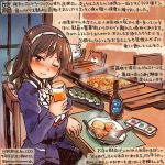  1girl alcohol ashigara_(kantai_collection) beer blush brown_eyes brown_hair food hair_ornament hairband hamster jacket juliet_sleeves kantai_collection kirisawa_juuzou long_hair long_sleeves one_eye_closed puffy_sleeves purple_jacket solo traditional_media translation_request twitter_username white_hairband 