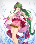  +5cm 1girl :d armpits bare_legs cape chiki dress fire_emblem fire_emblem:_mystery_of_the_emblem green_eyes green_hair hair_ornament highres jewelry long_hair open_mouth pink_dress pointy_ears ponytail ribbon short_dress side_slit simple_background sleeveless smile solo 