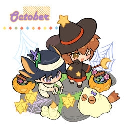  2boys black_hair blue_eyes bow brown_eyes brown_hair candy cat chibi chibi_only crescent food fudo_yusei ghost_costume halloween halloween_bucket holding holding_wand jiayu_long male_focus multiple_boys mummy_costume october one_eye_closed pharaoh_(cat) pumpkin silk spider_web wand witch yu-gi-oh! yu-gi-oh!_5d&#039;s yu-gi-oh!_gx yuki_judai 