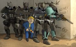  armor brotherhood_of_steel brotherhood_of_steel_paladin cloudisnotsleeping energy_gun fallout_(series) fallout_tactics:_brotherhood_of_steel first_aid_kit gatling_gun graffiti gun height_difference highres jumpsuit laser_rifle minigun power_armor power_armor_(fallout) ray_gun rifle smile vault_boy vault_suit weapon 