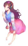  1girl alice-sama_san bangs barefoot brown_eyes brown_hair collarbone d.va_(overwatch) eyebrows_visible_through_hair facepaint facial_mark full_body hair_ornament hand_on_own_knee hand_up headphones highres korean_clothes legs_apart long_hair long_sleeves looking_at_viewer overwatch pouch print_skirt skirt smile solo standing traditional_clothes transparent_background v whisker_markings 